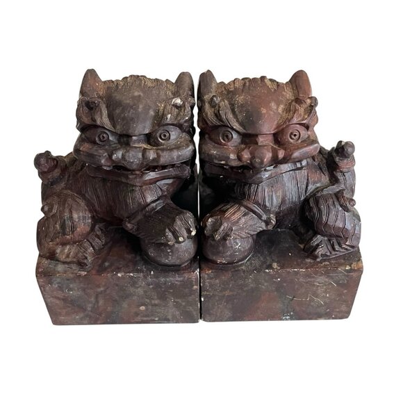 Set Of 2 Vintage Chinese Solid Marble Foo Dogs Imperial Guardian Lions Male Yang - Picture 2 of 8